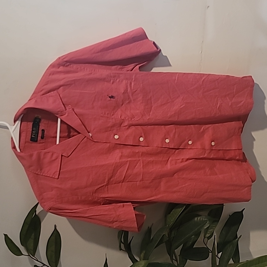 Ralph Lauren Button Up Shirt Men Medium Red Classic Fit Green Pony Short Sleeve